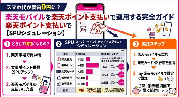 スマホ代が実質0円に？楽天モバイルを楽天ポイント支払いで運用する完全ガイド【SPUシミュレーション】